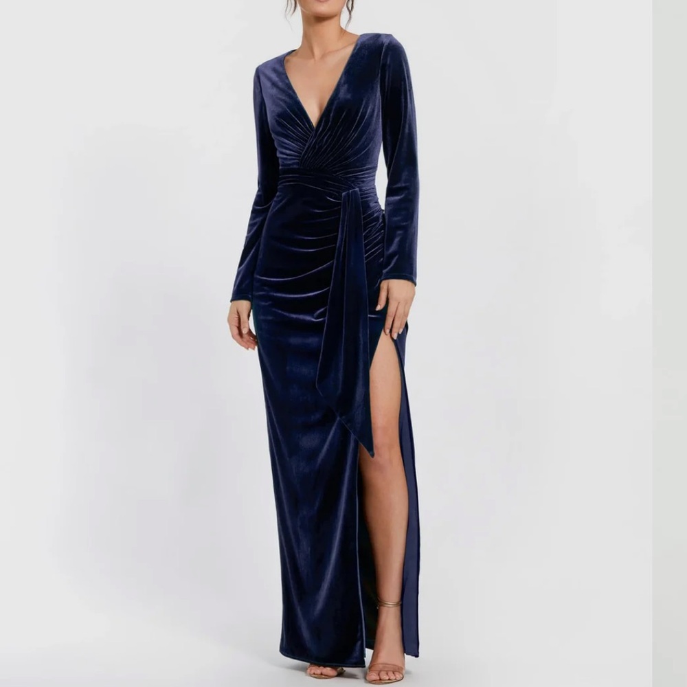 Ienna for Mac Duggal Dark Blue Velvet Evening Gown